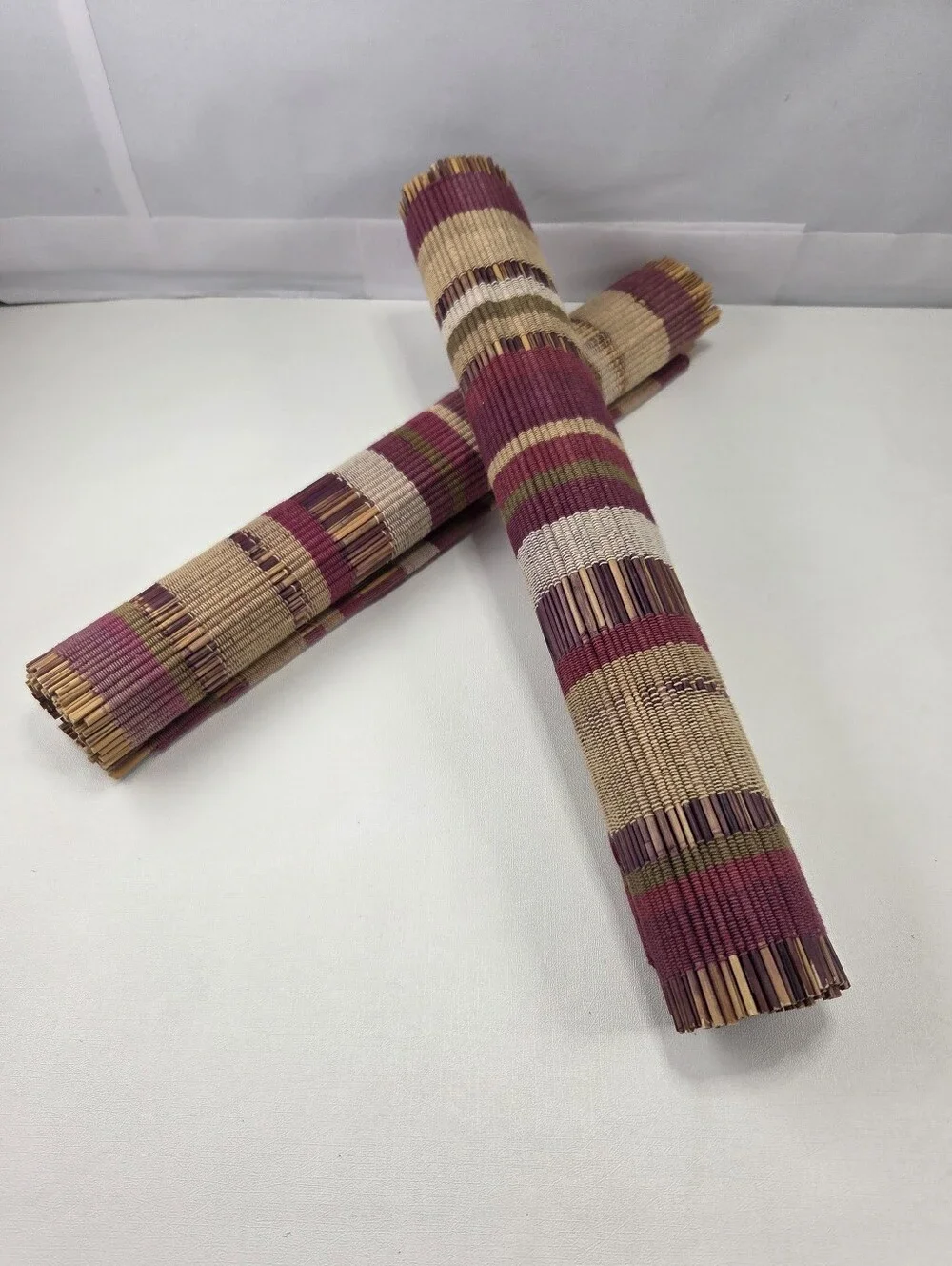 Boho Woven Slatted Bamboo Placemats Set of 2 Striped Burgundy Tan